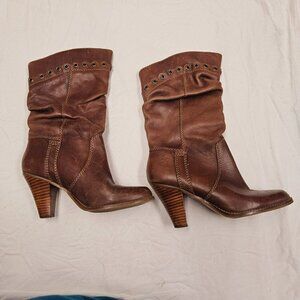 Zodiac Cognac Brown Eyelet Grommet Scalloped Ruche Leather Pull on‎ Boots ROSE 8